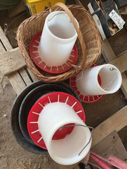 (3) Chicken feeders, (9) water bowls, & whicker basket, bldg:green image