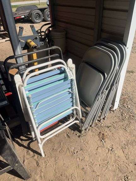 (3) folding lawn chairs & (5) folding metal chairs, bldg:green image