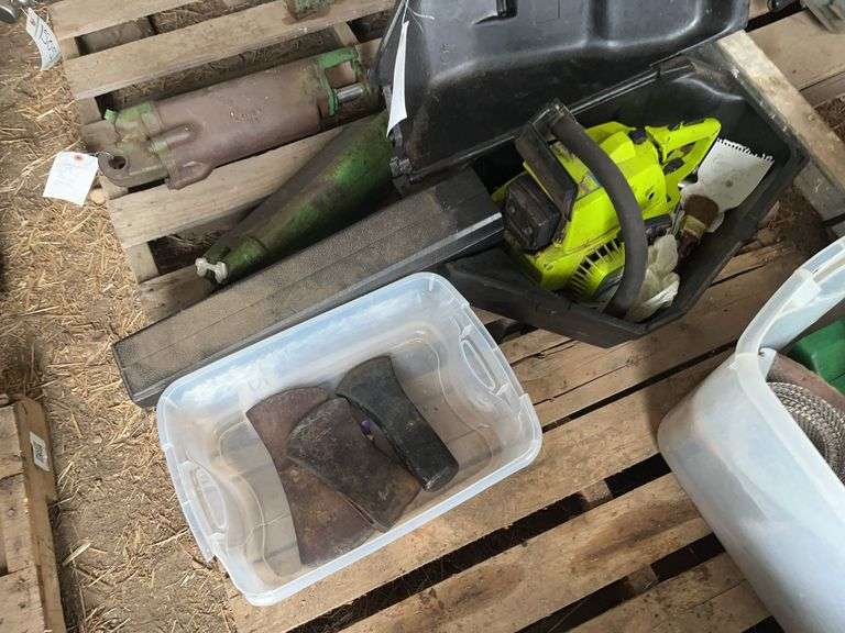 Poulan chainsaw 34000 & couple of axe heads, bldg:locked image