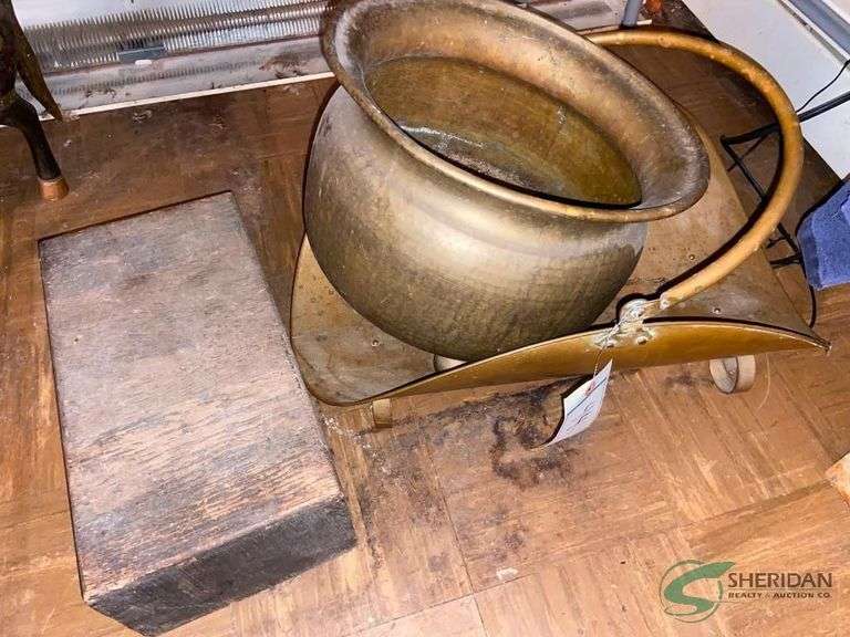 Vintage wood box, brass kettle, and wood tray image