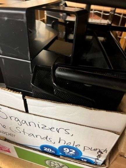 Box of Stamps, Fujitsu Fi-6130v Scanner, Metal Storage Cube, Desk Riser, Box of Keyboards, Metal & Plastic File Organizers, Hole Punch, Hanging Folders, Binders, Metal & Plastic Desktop Trays, Binding Supplies, Keyboards, Bluetooth Headsets, Working Condition Unknown