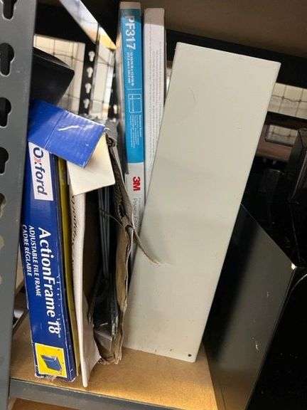 Box of Keyboards, Box of Misc. Cables, 2 20” Monitors, Cord & Stands, Metal & Plastic Desk Trays, Misc. Toner Cartridges, 2 Coffee Pots, Box of Cables For Computers, Briefcase W/Lock, Box of Misc. Office Supplies, Frame For Filing Cabinet, Screen Protectors, Working Condition Unknown