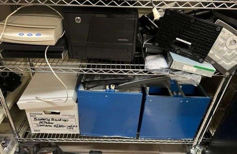 2 Gun Locking Cabinets (HEAVY - NO HELP AVAILABLE TO LOAD), HP Scanjet 4200c, HP LaserJet Pro 400, Monitors & Monitor Stands, Battery Backup, Ai Phone, Nikon Coolpix Camera, Working Condition Unknown