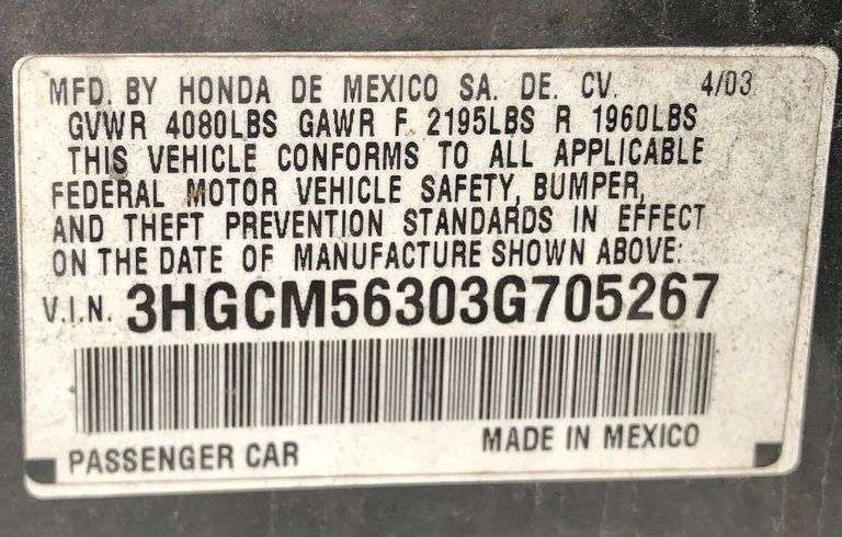 2003 Honda Accord - wrecked * good blue title * owner signed in the wrong place