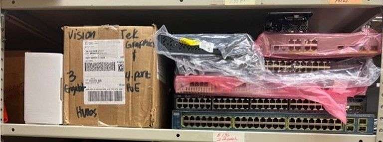 6 Misc. Brand Switches, Box of Vision Tek Graphics 3 Gig 4 Port Hubs, Working Condition Unknown