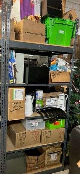 Box of Keyboards, Box of Misc. Cables, 2 20” Monitors, Cord & Stands, Metal & Plastic Desk Trays, Misc. Toner Cartridges, 2 Coffee Pots, Box of Cables For Computers, Briefcase W/Lock, Box of Misc. Office Supplies, Frame For Filing Cabinet, Screen Protectors, Working Condition Unknown