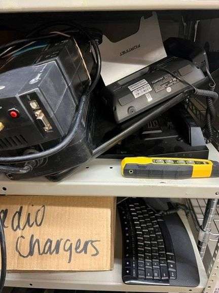 Box of Keyboards, Speakers, Misc. Electronic Items, Apc Battery Backups, Fortinet Phone, Docking Station, Kline Probe Pro Vdv 500-123, Box of Radio Chargers, Box of Misc. Electronics, Mice & Cords, Working Condition Unknown