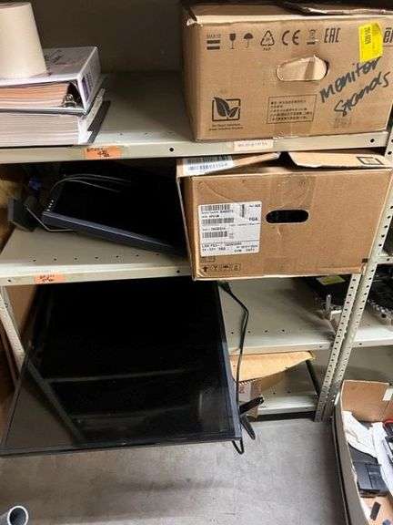 Box of Monitor Stands, Box of Misc. Electronics, Monitors & Stands, Vizio TV Model# MD40F-E1, Working Condition Unknown