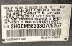 2003 Honda Accord - wrecked * good blue title * owner signed in the wrong place