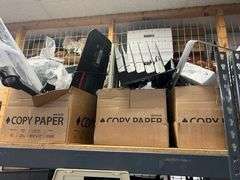 Box of Stamps, Fujitsu Fi-6130v Scanner, Metal Storage Cube, Desk Riser, Box of Keyboards, Metal & Plastic File Organizers, Hole Punch, Hanging Folders, Binders, Metal & Plastic Desktop Trays, Binding Supplies, Keyboards, Bluetooth Headsets, Working Condition Unknown