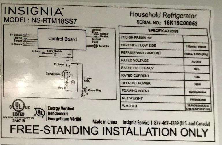 Insignia Model NS-RTM18SS7 Refrigerator/Freezer