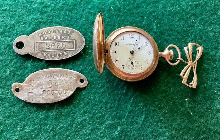 Small South Bend Pocket Watch and 2 Bank Tags