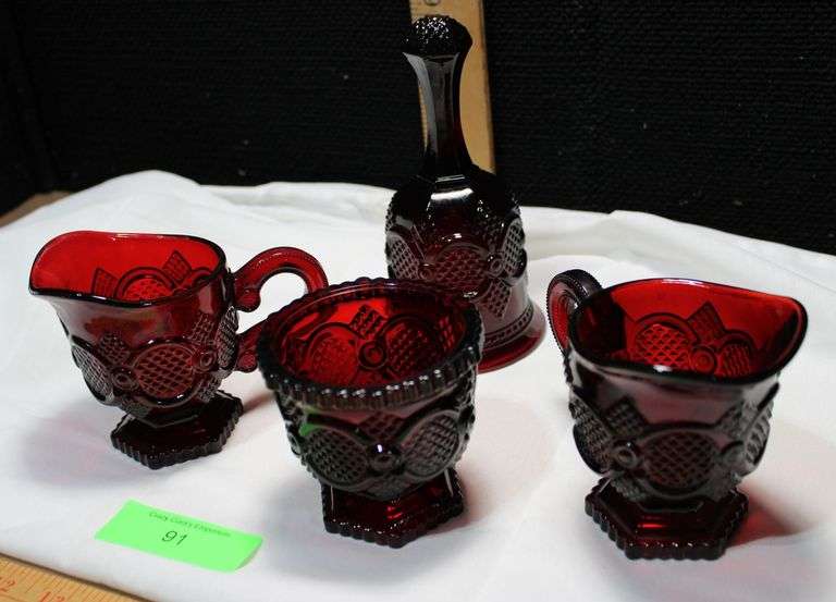 Avon Ruby Red 2-Creamers, Sugar Bowl, Bell (No clapper) image
