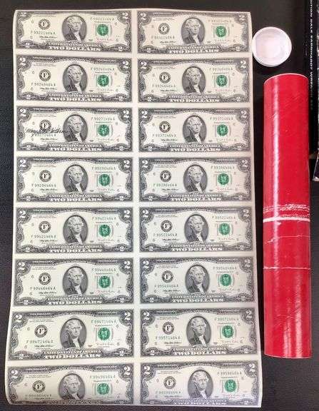Autographed Uncut Sheet of 1995 Two Dollar Bills image
