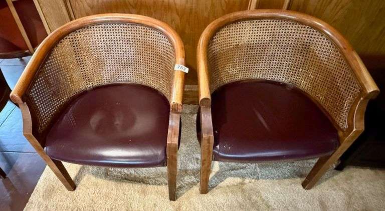 2 Chairs with Pecan Rattan and Brown Leather Seats image