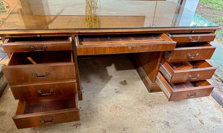 Large Solid Wood Office Desk w/Glass Top image