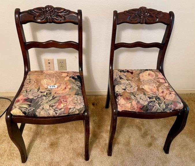 2 Oak Chairs with Floral Covering and Floral Back Design image