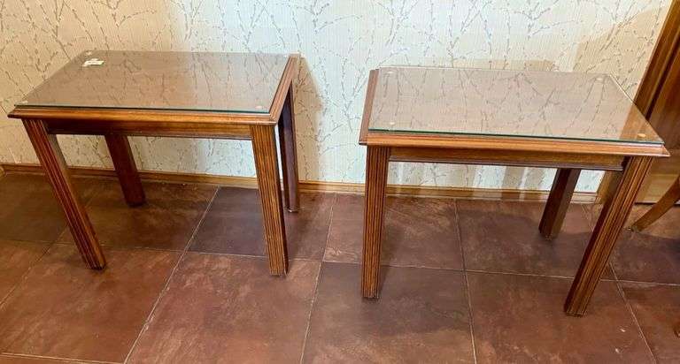 2 Glass Top Walnut Tables image