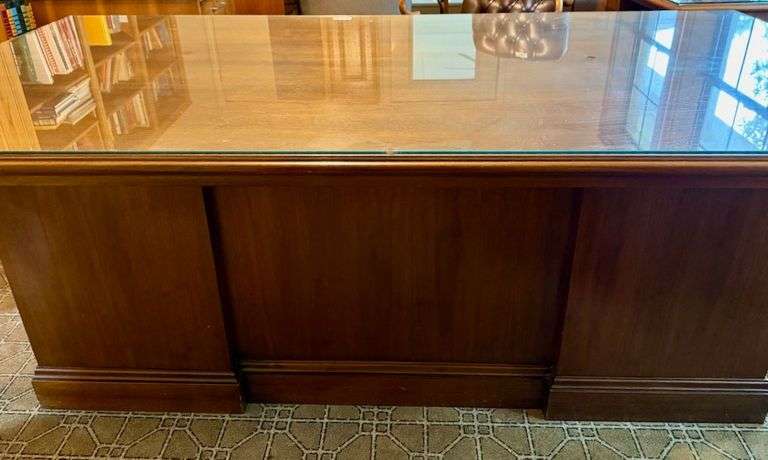 Large Solid Wood Office Desk and Credenza w/Glass Tops image