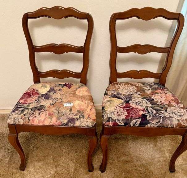 2 Oak Chairs with Floral Covering and Plain Back Design image