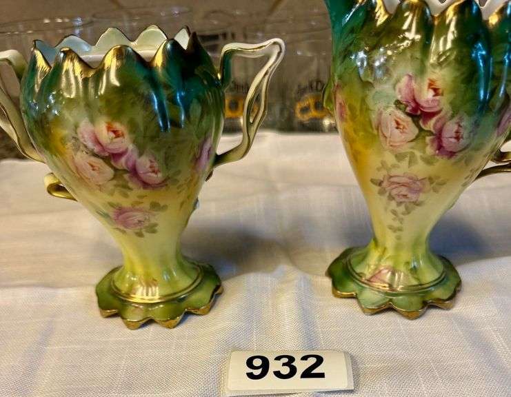 Green Floral Sugar and Creamer, 2 Blue Sugar and Creamer Pitchers, White Sugar Dish and Creamer image