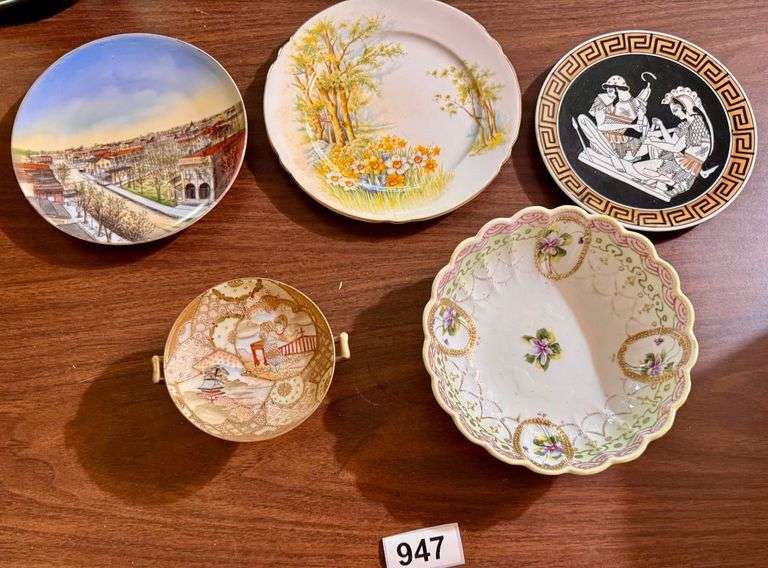 3 Antique Printed Plates, Bowl and Candy Dish image