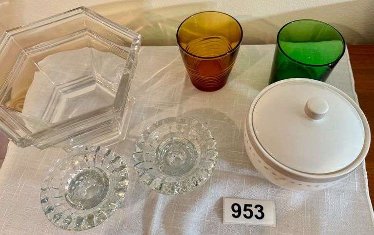 1 Crystal Bowl, 2 Crystal Candlestick Holders, 1 Kate Spade Lenox Sugar Bowl, 1 Gold and 1 Green Glass from Italy image