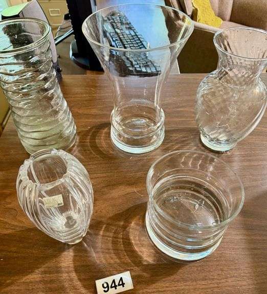 8 Clear Vases-One Heavy Leaded Mikasa, One Crock Vase image