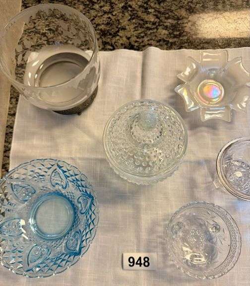 3 Antique Glass Bowls, Candy Dish and Blue Glass Candy Bowl image