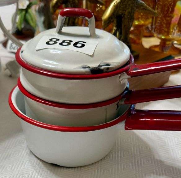 3 Antique Enamel White Pots with One Lid image