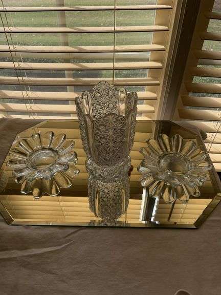 Pressed Glass Vase, Dishes, and Tray Set image