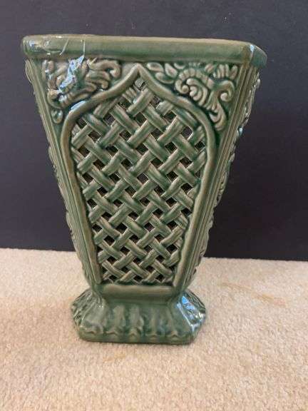 Decorative Green Ceramic Basket Vase image