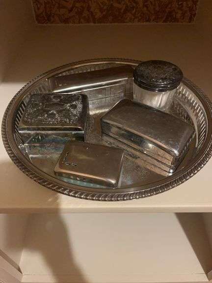Silver Plated Tray with Assorted Boxes and Jar image