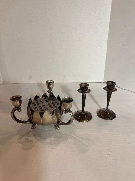 Silver Plated Candlestick Holders and Floral Frog image