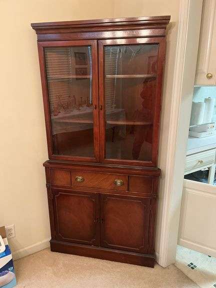 Wood Corner China Cabinet with Glass Doors and Drawer Storage image
