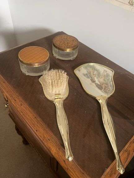 Vintage Vanity Set with Mirror, Brush, and Covered Jars image