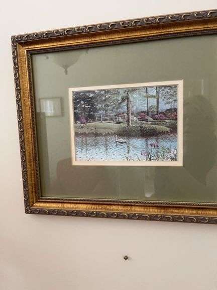 Framed Swan Pond Print with Ornate Gold Tone Frame image
