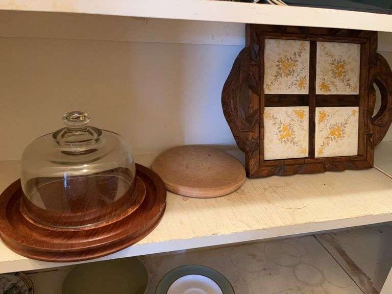 Wooden Tray and Glass Dome Lot image