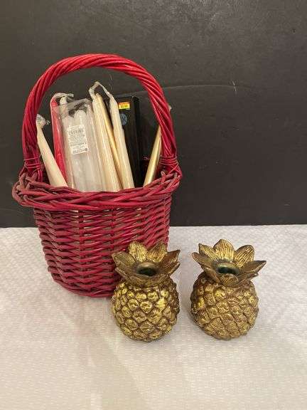 Candles, Candle Holders, and Wicker Basket image