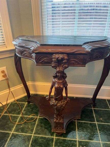 Carved Wood & Marble Top Console Table with Figure image
