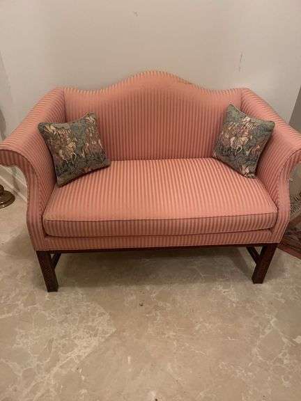 Pink Striped Loveseat with Throw Pillows image