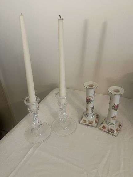 Candle Holder Lot: Pair of Crystal Style and Floral Ceramic image