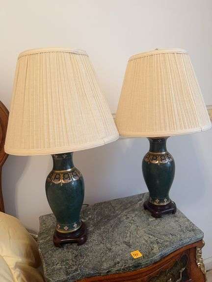 Pair of Green Ceramic Table Lamps with Floral Accents image