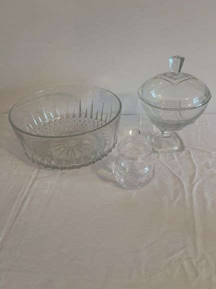 Assorted Glassware - Bowl, Covered Dish, and Small Jar image