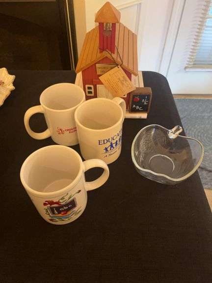 School Theme Collectibles Bundle: Schoolhouse Figurine, Apple Bowl, Coffee Mugs, and Book image