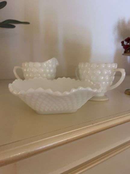 Milk Glass Sugar Bowl, Creamer, and Serving Dish Set image