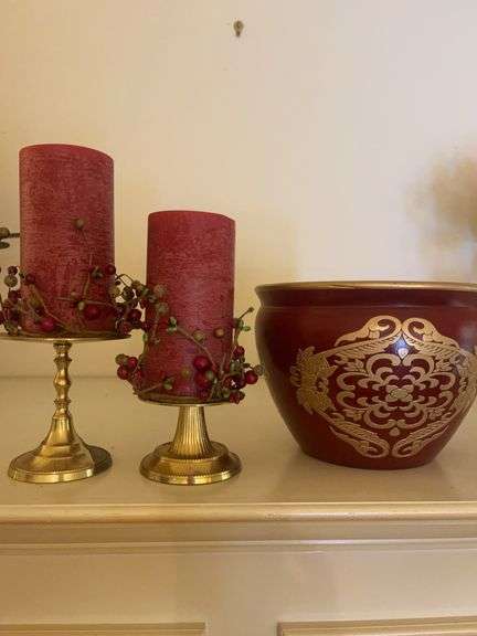 Decorative Red and Gold Accent Planter & (2) Candles image