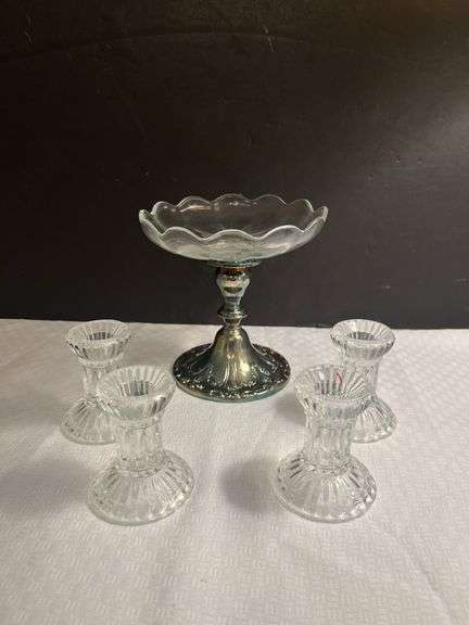 Gorham Silverplate Base Compote with Crystal Bowl and Four Glass Candlestick Holders image