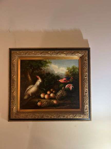 Framed Still Life Painting of Birds and Fruit image