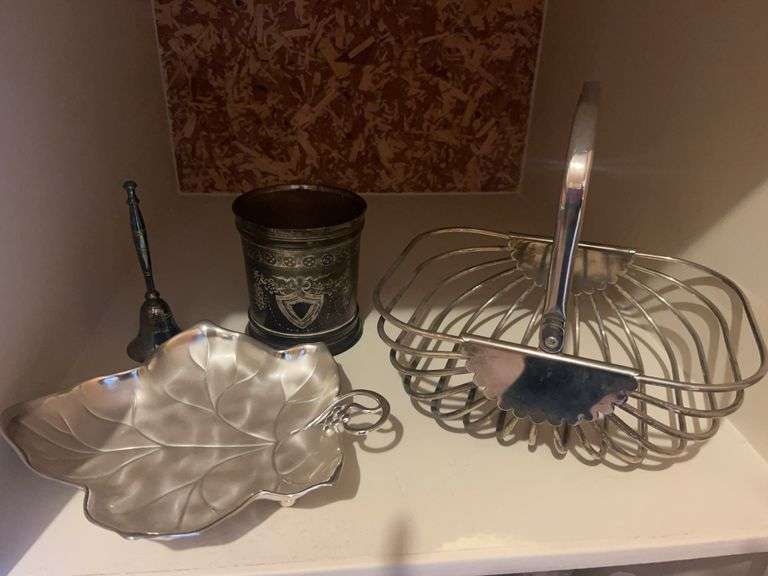 Vintage Silver-plated Decorative Collection - Bell, Cup, Leaf Dish, and Wire Basket image